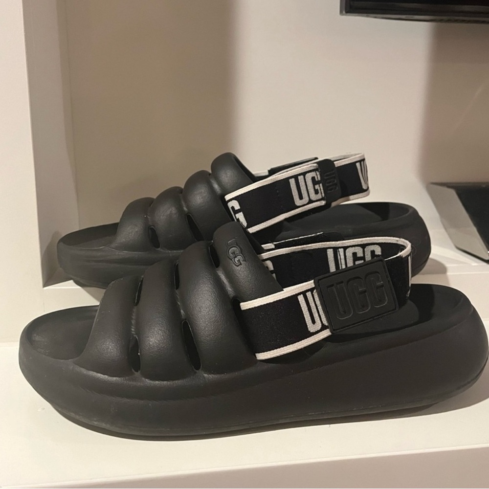 UGG Black Slide Sandals with Logo Strap